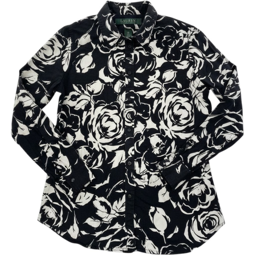 Lauren Ralph Lauren Floral Button Down Shirt Women M Black White Rose Good